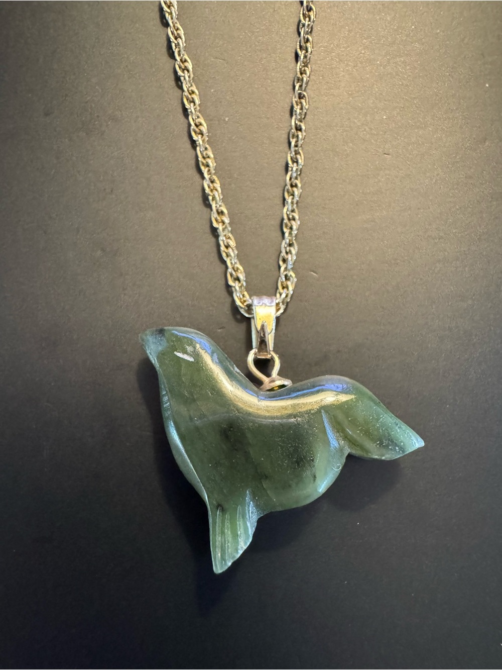 Carved Nephrite Jade Pendant Necklace - 18” Gold Tone Rope Chain